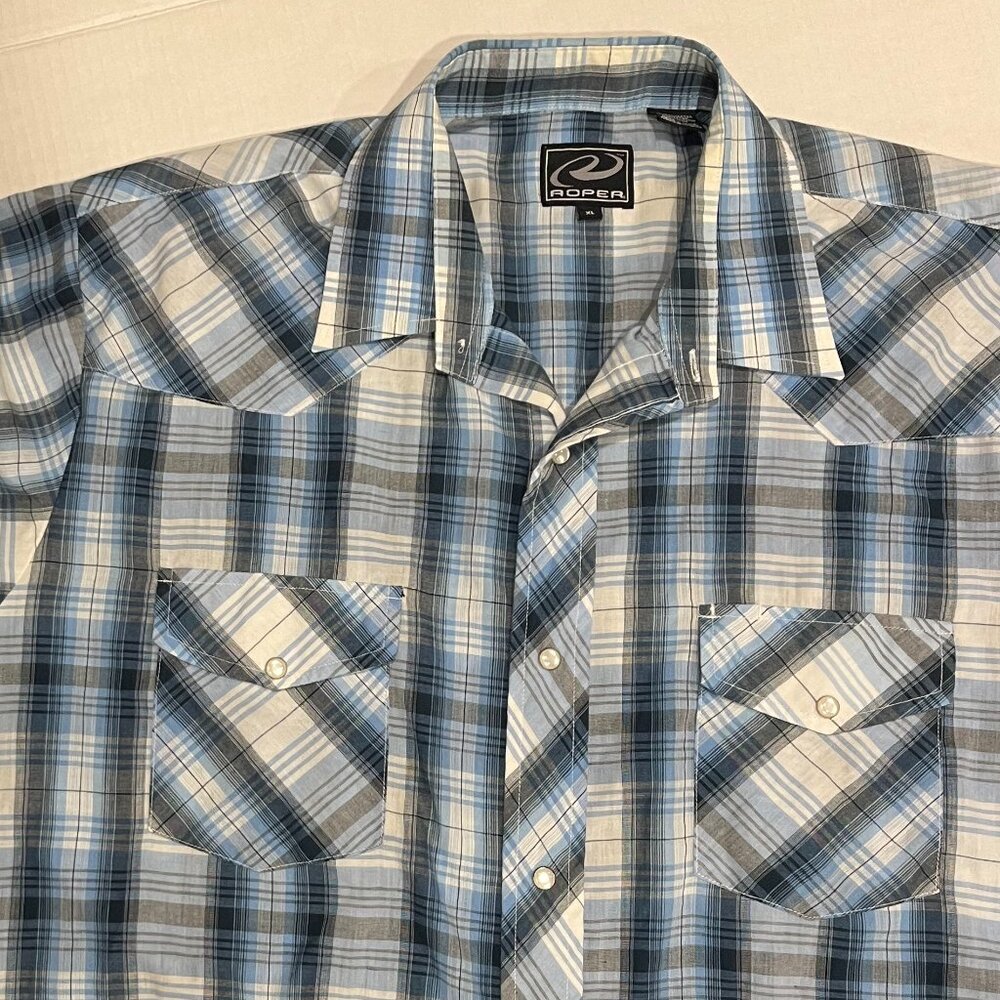 Roper Men's Vintage XL Western Pearl Snap Blue Plaid Short Sleeve Shirt